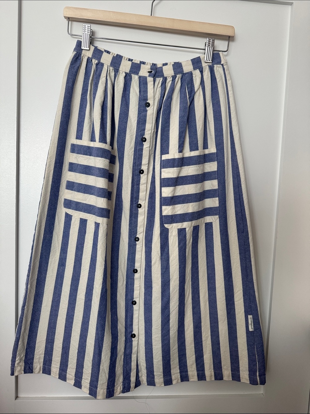 Blue and Cream Striped Button-Front Midi Skirt